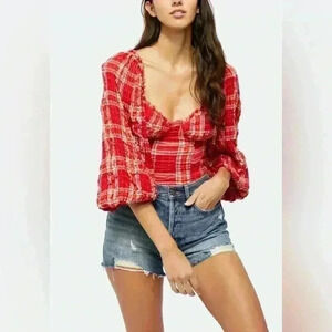Free People Red Cherry Bomb Plaid Smocked Cropped Balloon Sleeve Size Small